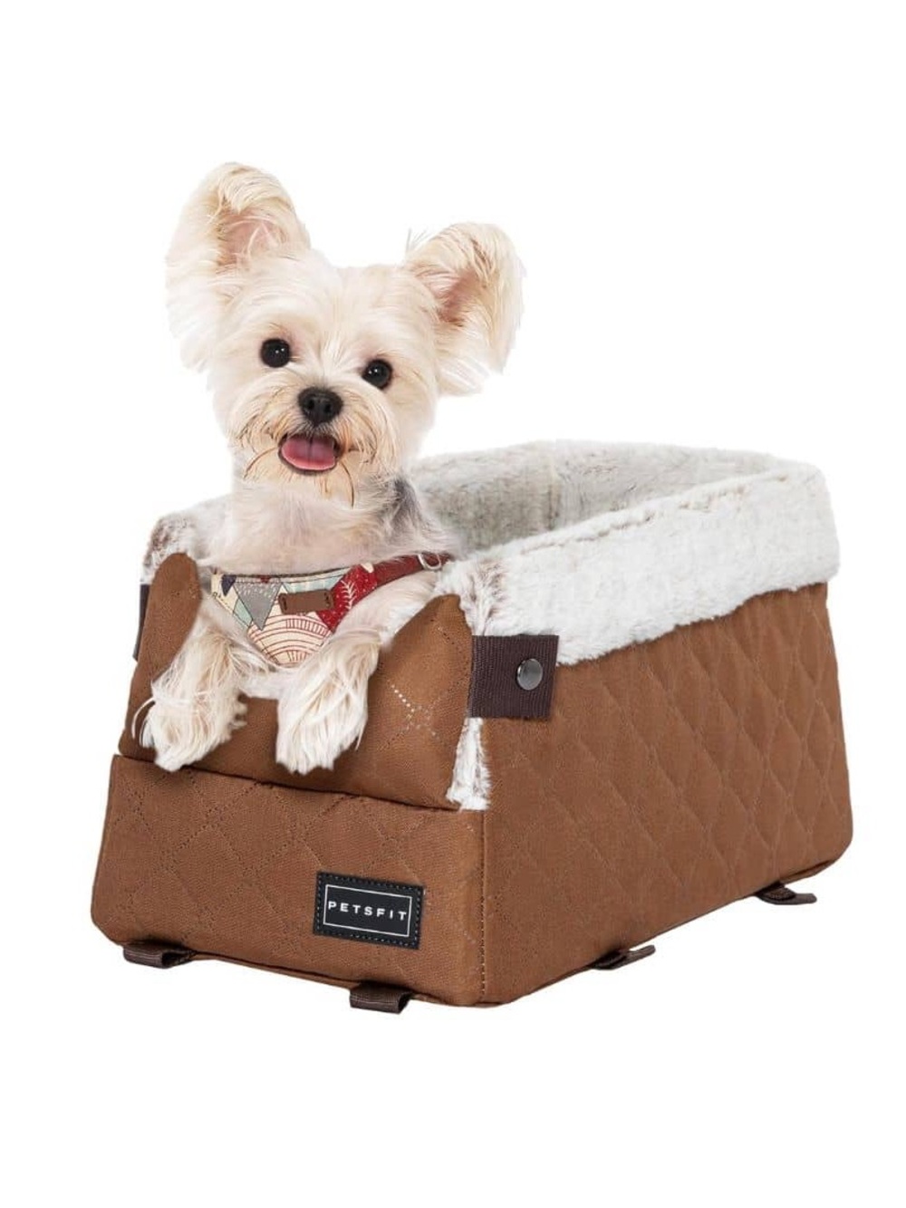 Tan Quilted Plush-Lined Pet Car Console Carrier